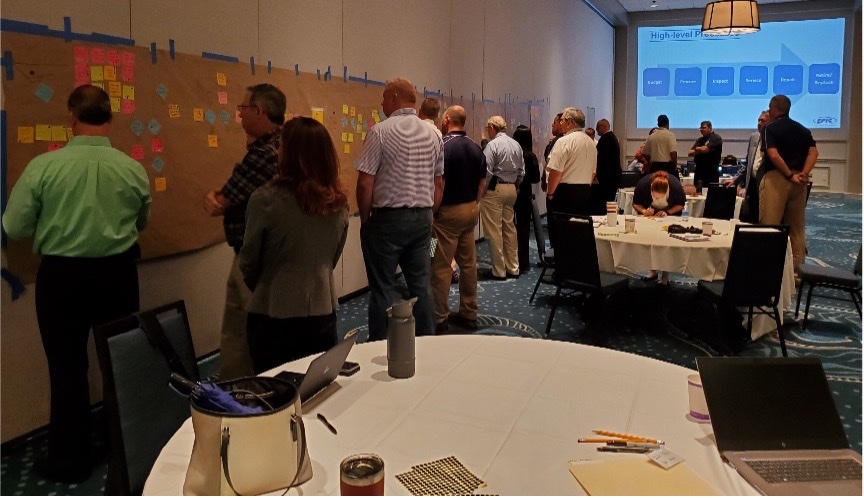 The EPIC and Simplify i3 team mapping out a process on a wall of sticky notes during a planning workshop