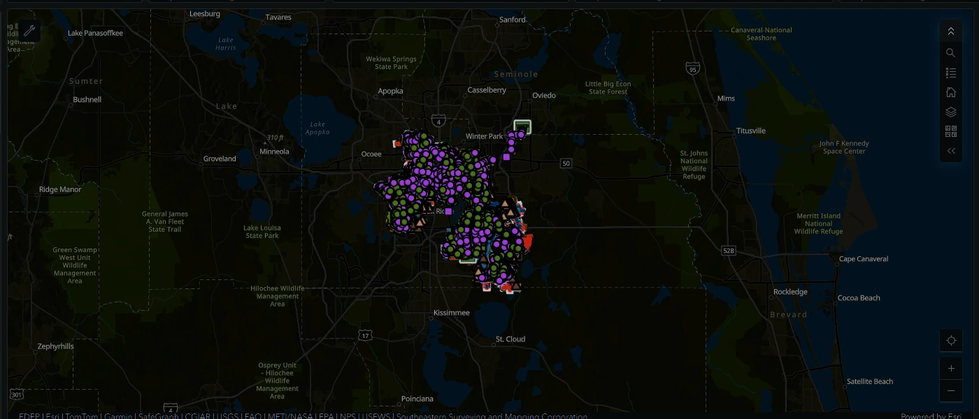 Live GIS map showing tracked infrastructure assets — lift stations, manholes, and culverts — plotted across a service area