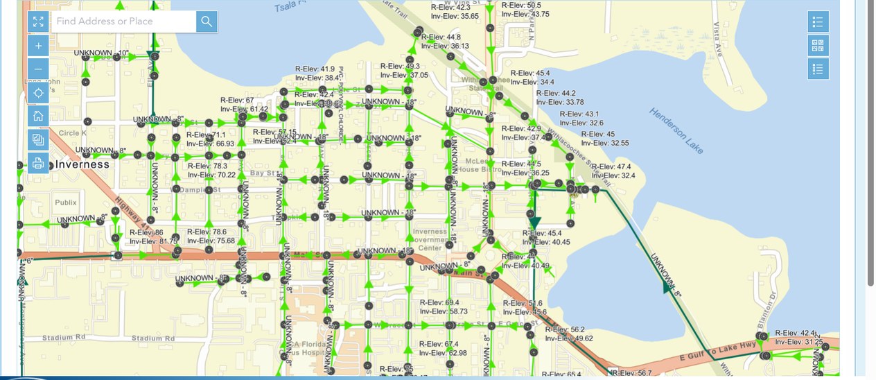 Live GIS map showing a sewer pipe network plotted across a service area, with elevation data at each node