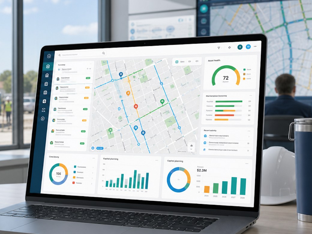 Simplify i3 dashboard showing asset health, maintenance breakdown, and capital planning charts on a laptop at a utility yard